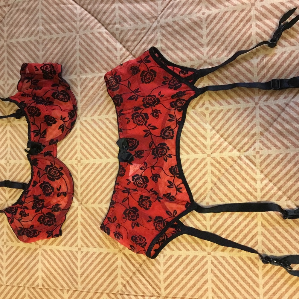 GORGEOUS Delicate red and black mesh flocked bra and garter set, 34B, small